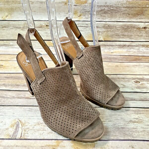Franco Sarto Womens Taupe Brown Suede Open Toe Perforated Chucky Heel Shoes 8M